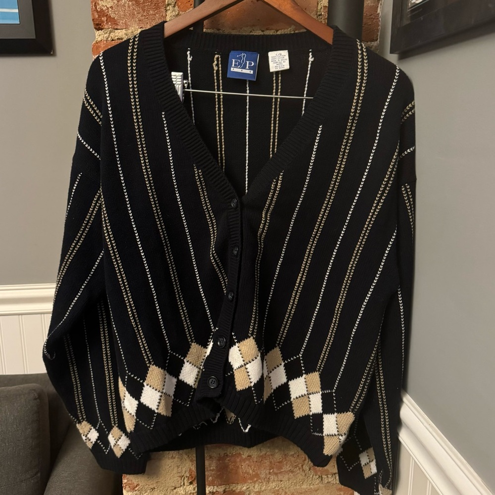 EP Pro Women’s Cardigan Navy Blue Argyle Golf Classic Cotton Size Large